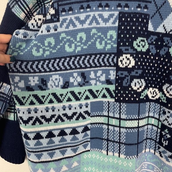 VTG Donna Scott Woman's XL Blue Winter Mixed Print Mock Neck Sweater Christmas - Picture 2 of 7